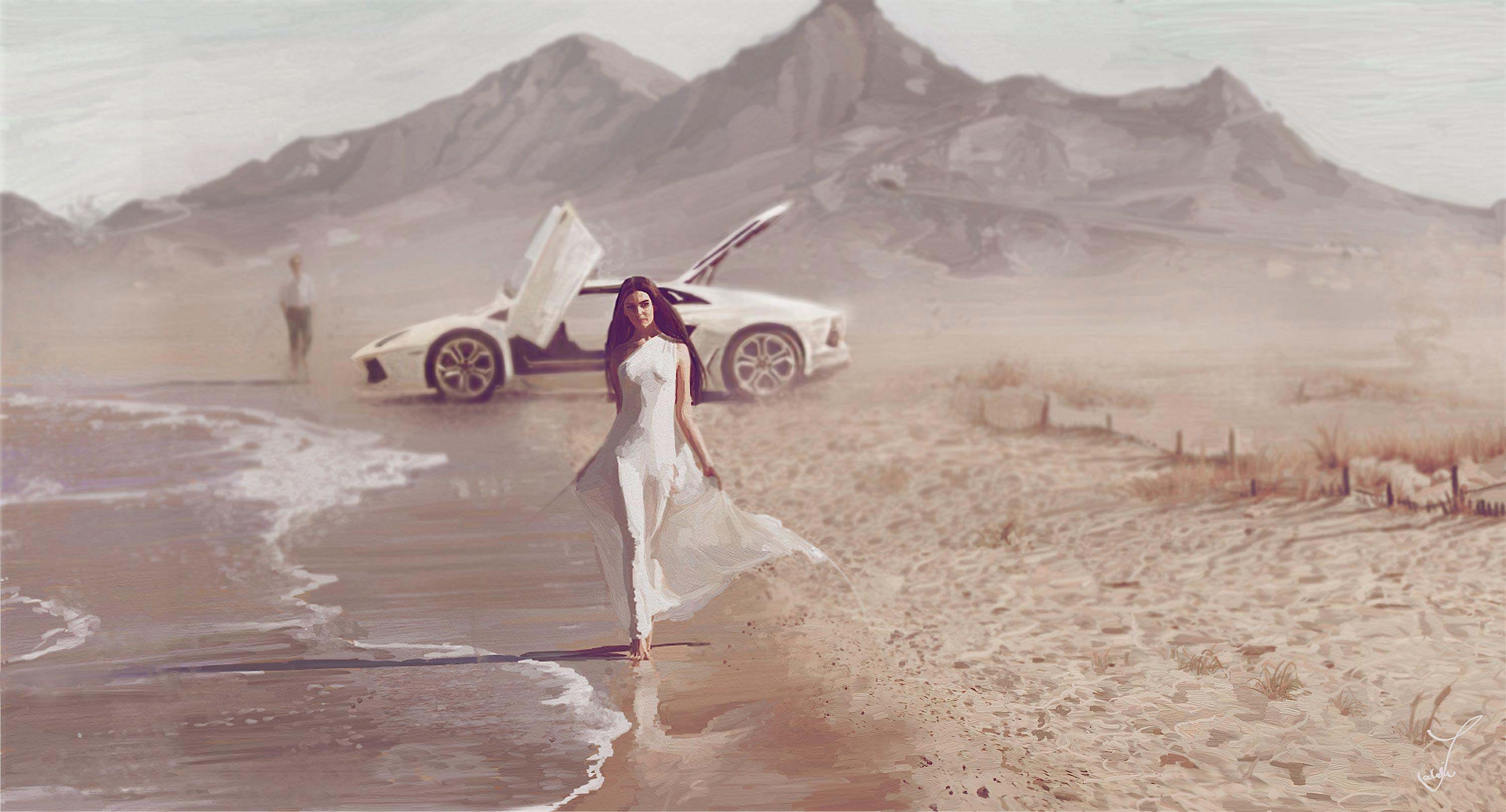 Art, Sea, Coast, Girl, Car, Mood, Beach, Lamborghini, - Supercar On The Beach , HD Wallpaper & Backgrounds