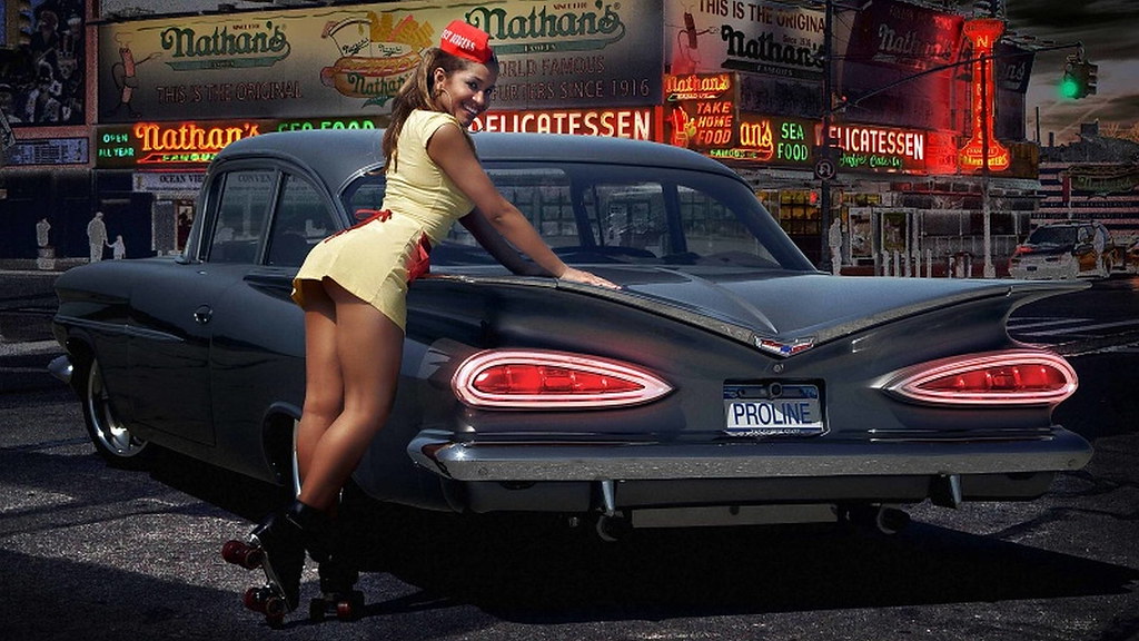 Sexy Cars Girls Background Wallpaper - Nathan's Famous Restaurant , HD Wallpaper & Backgrounds