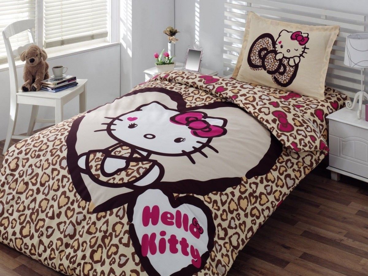 Pure White Bedroom With Brown Hello Kitty Bed Decor Simple