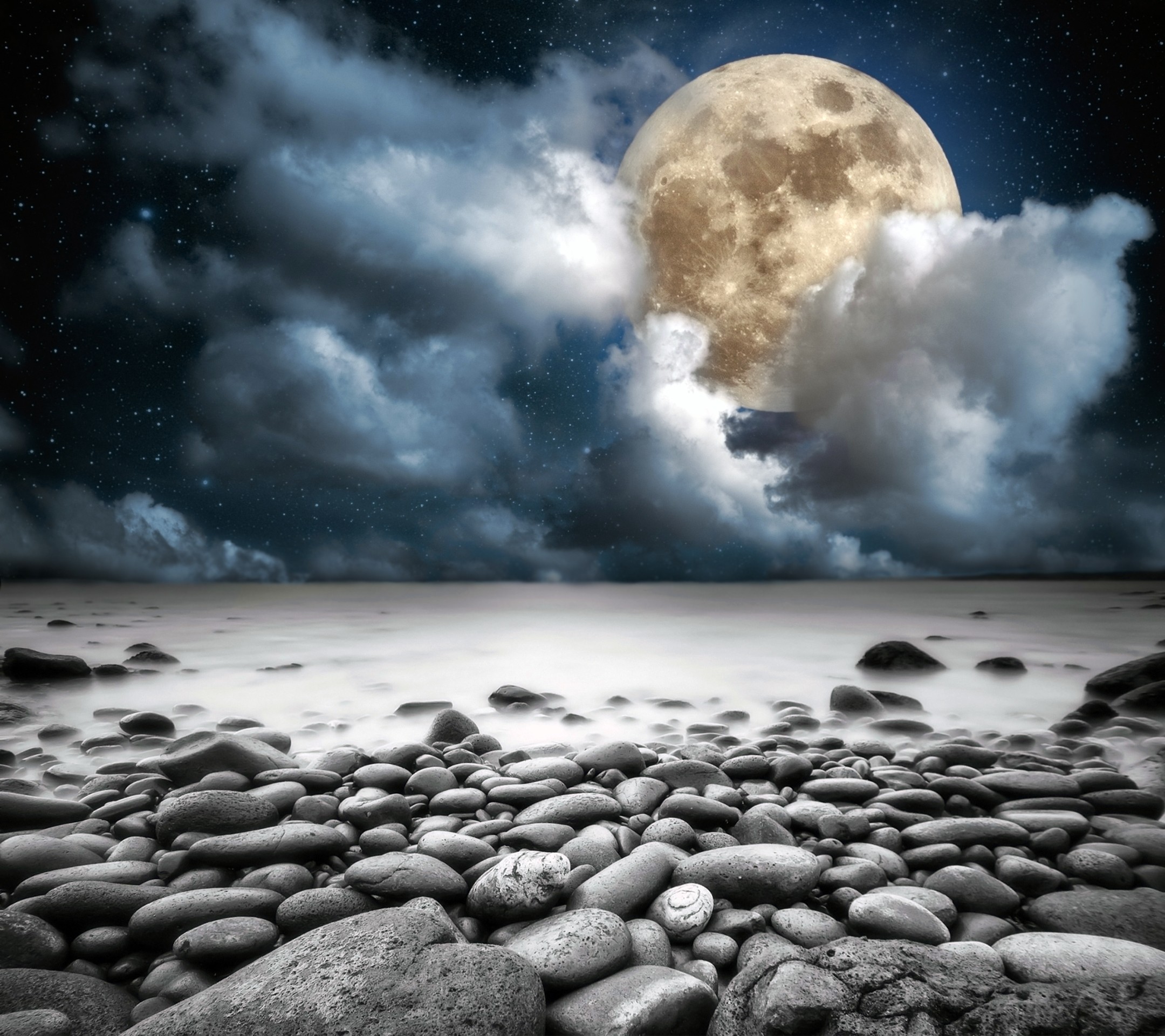 Full Moon Sky Moonlight Clouds Stones Night Sea Beach - Prussian Blue Color Palette , HD Wallpaper & Backgrounds