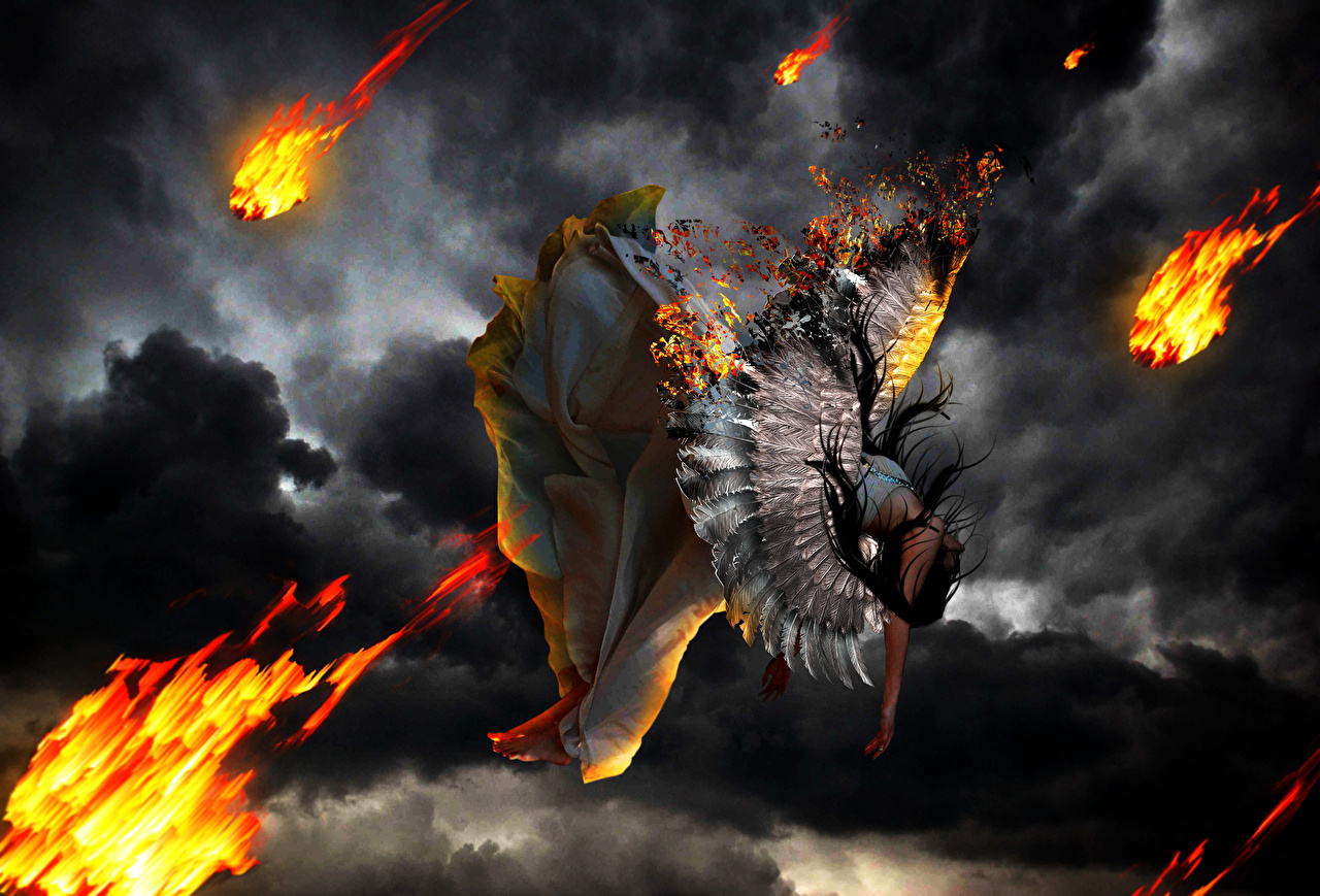 Wallpaper Falling Wings Girls Fantasy Flame Angels - Dragon , HD Wallpaper & Backgrounds