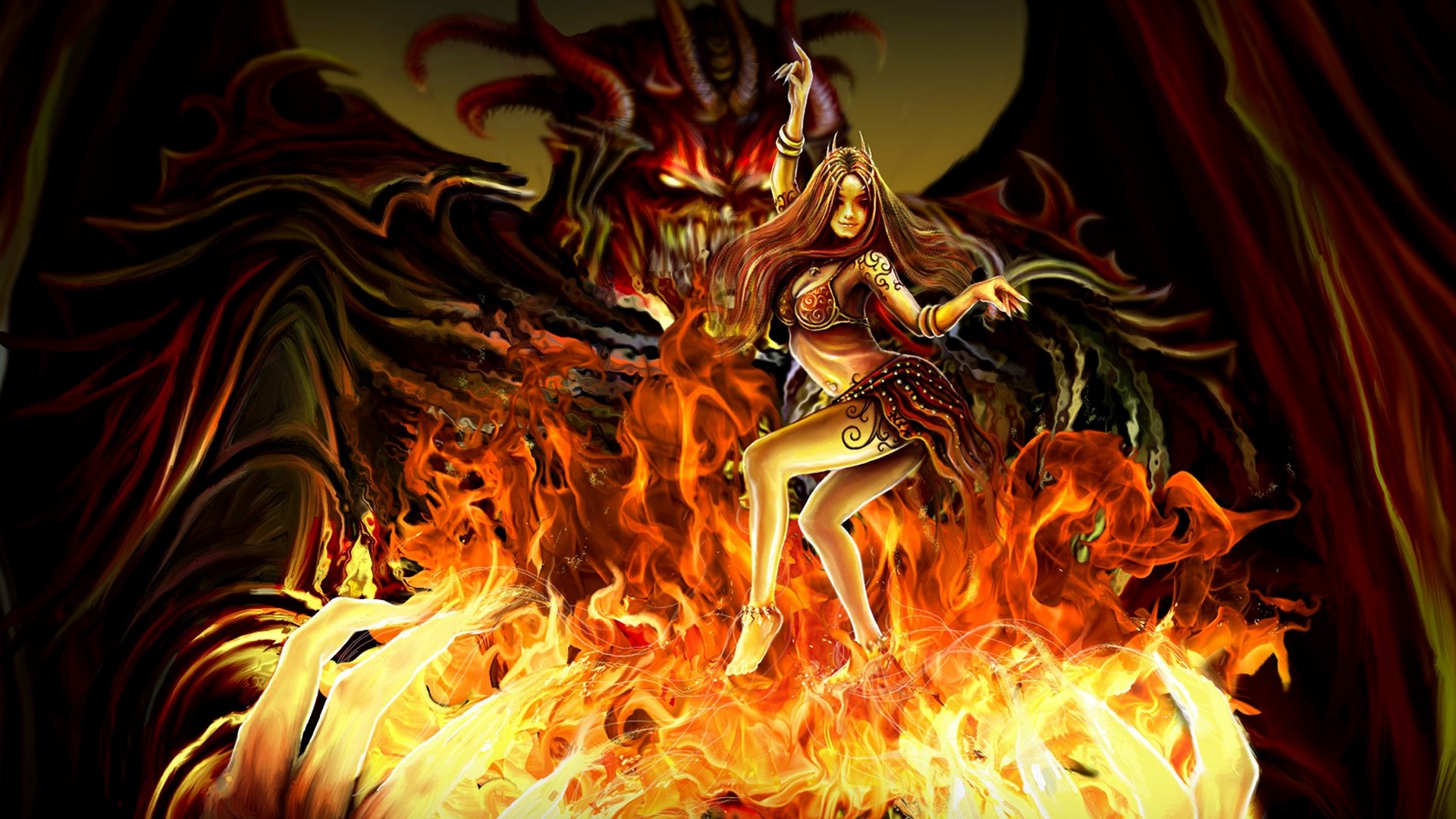Wings Fire Horns Devil Wallpaper Art Hd Wallpaper - Evil Anime Girl Flames , HD Wallpaper & Backgrounds