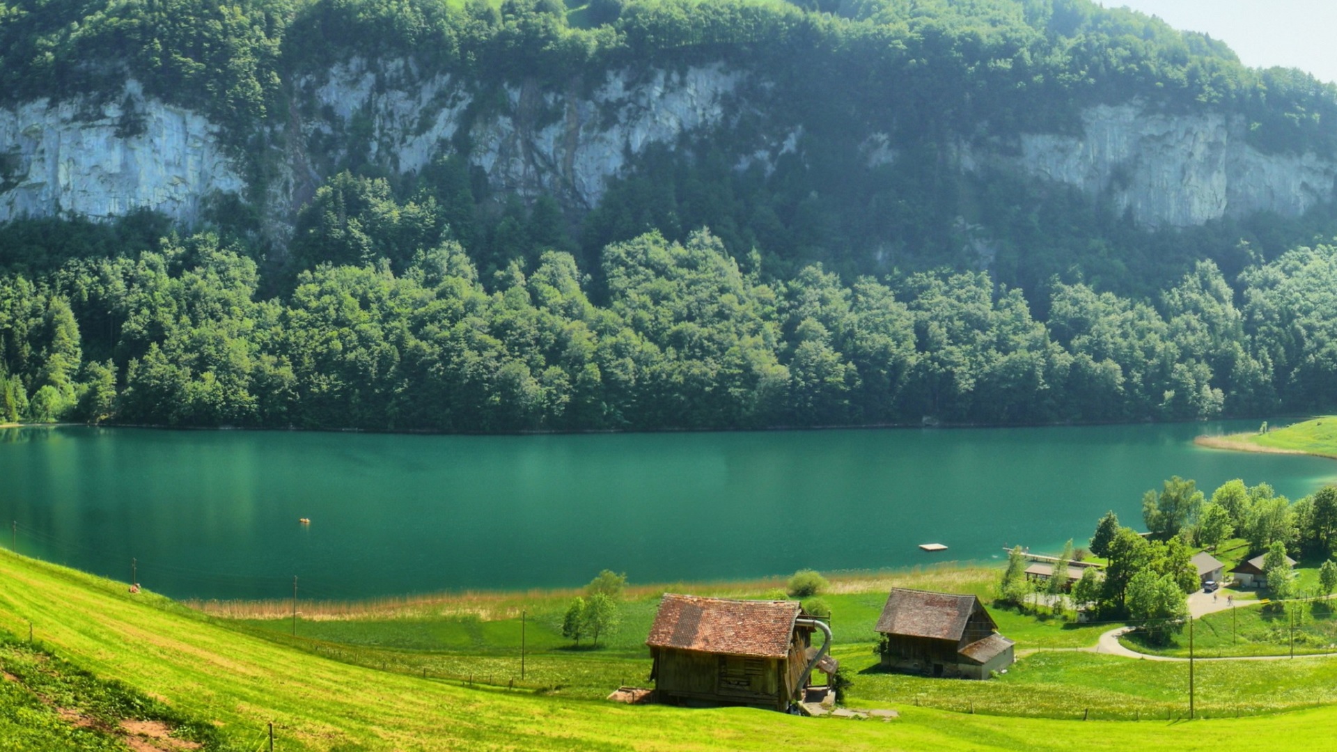 Orman Ve Göl Kıyısındaki Evler Manzara Duvar Kağıdı - Switzerland Beautiful Image Hd , HD Wallpaper & Backgrounds