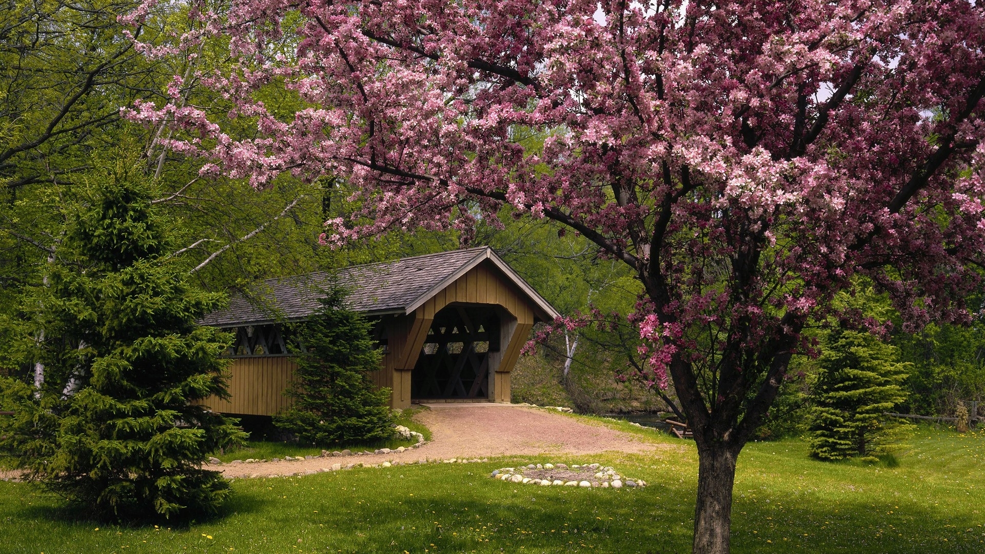 Free Spring Desktop Wallpaper Covered Bridge Nature Garden