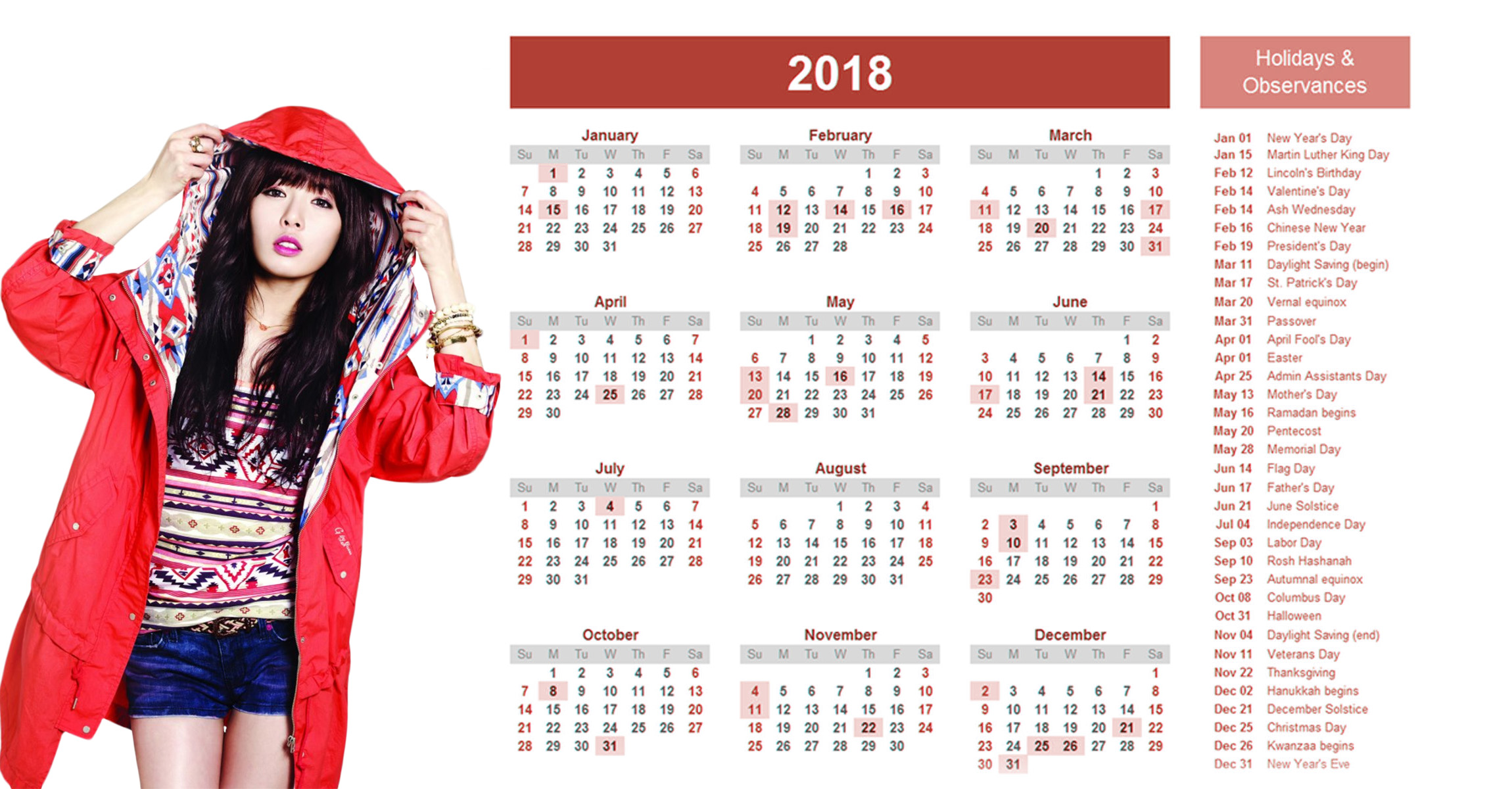 Winter Stylish Girl 2018 Calendar Wallpaper - 2018 South African Calendar , HD Wallpaper & Backgrounds