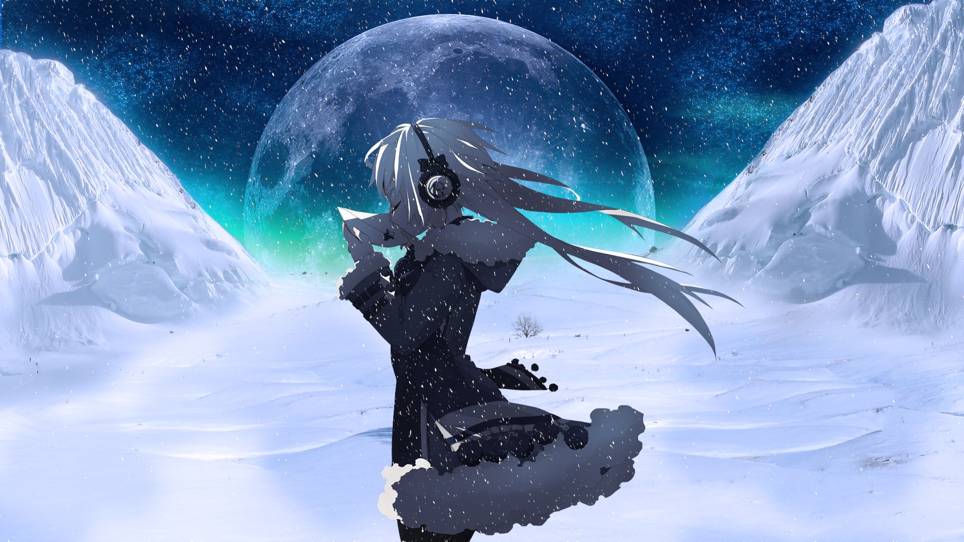 Anime Wallpapers » Moon, Headphones, Snow, Night, Anime - Anime Girl In The Snow , HD Wallpaper & Backgrounds