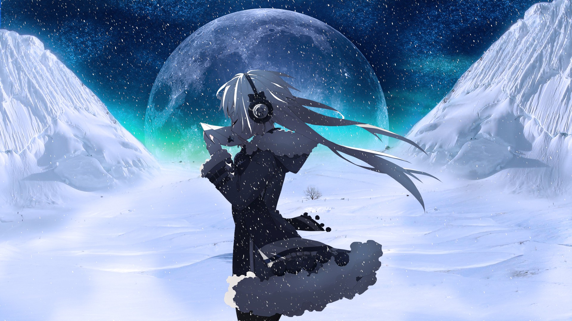 Anime Wallpapers » Moon, Headphones, Snow, Night, Anime - Anime Girl In The Snow , HD Wallpaper & Backgrounds