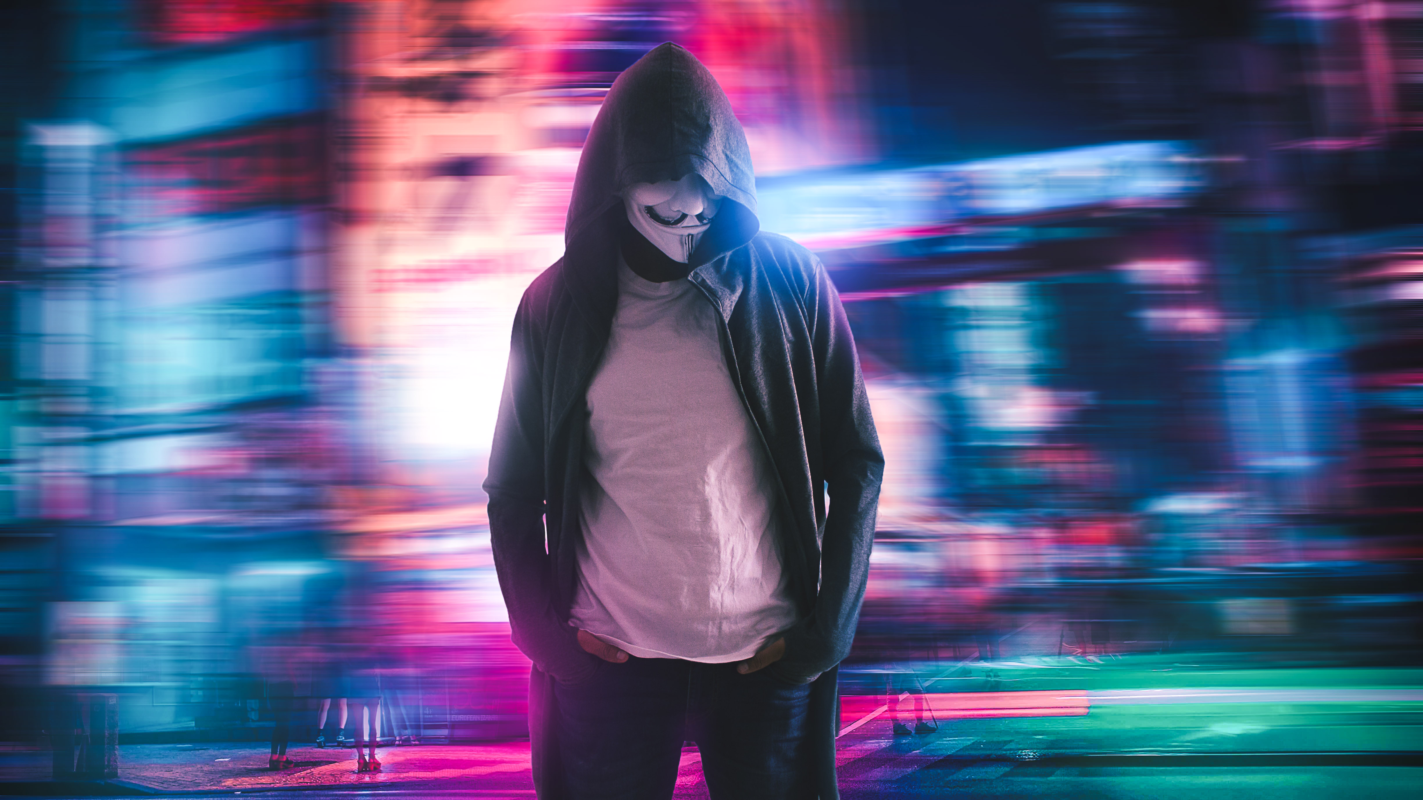 Download Masked Man, Anonymous, Hoodie, Hacker, Neon City - Ultra Hd