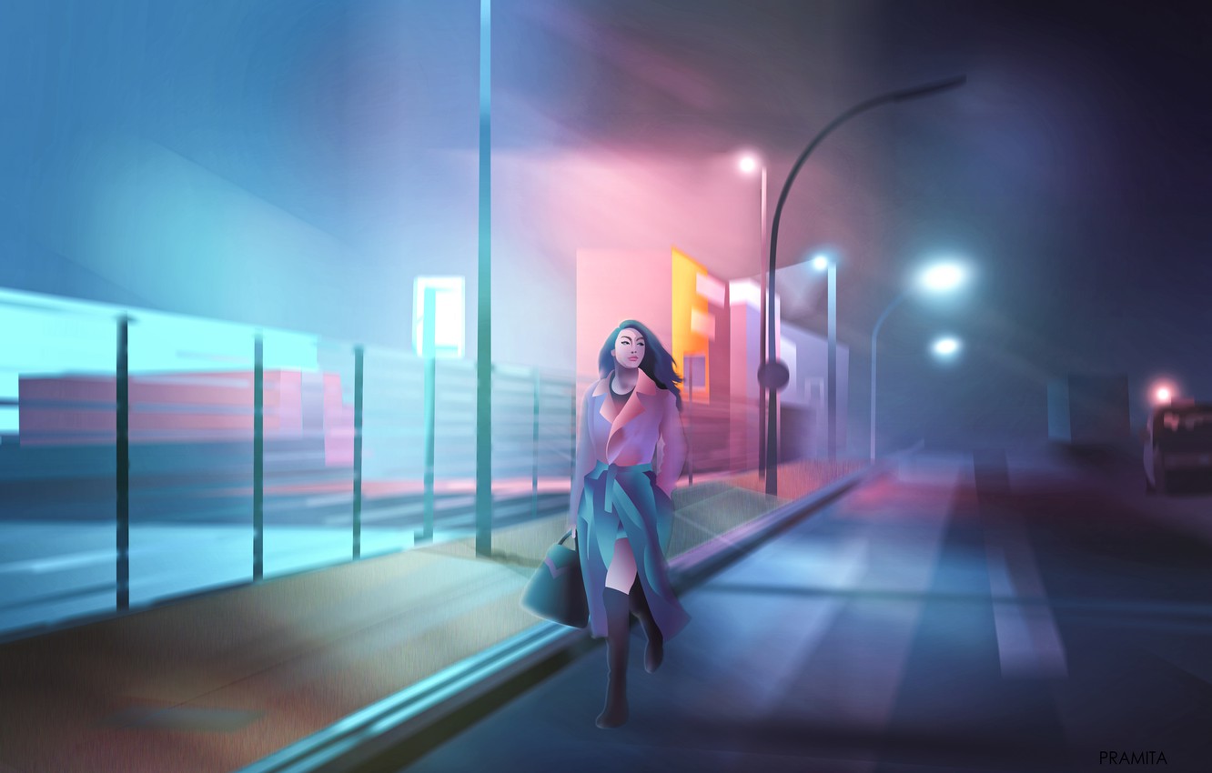 Photo Wallpaper City, Girl, Alone, Cyberpunk, Painting, - Light , HD Wallpaper & Backgrounds