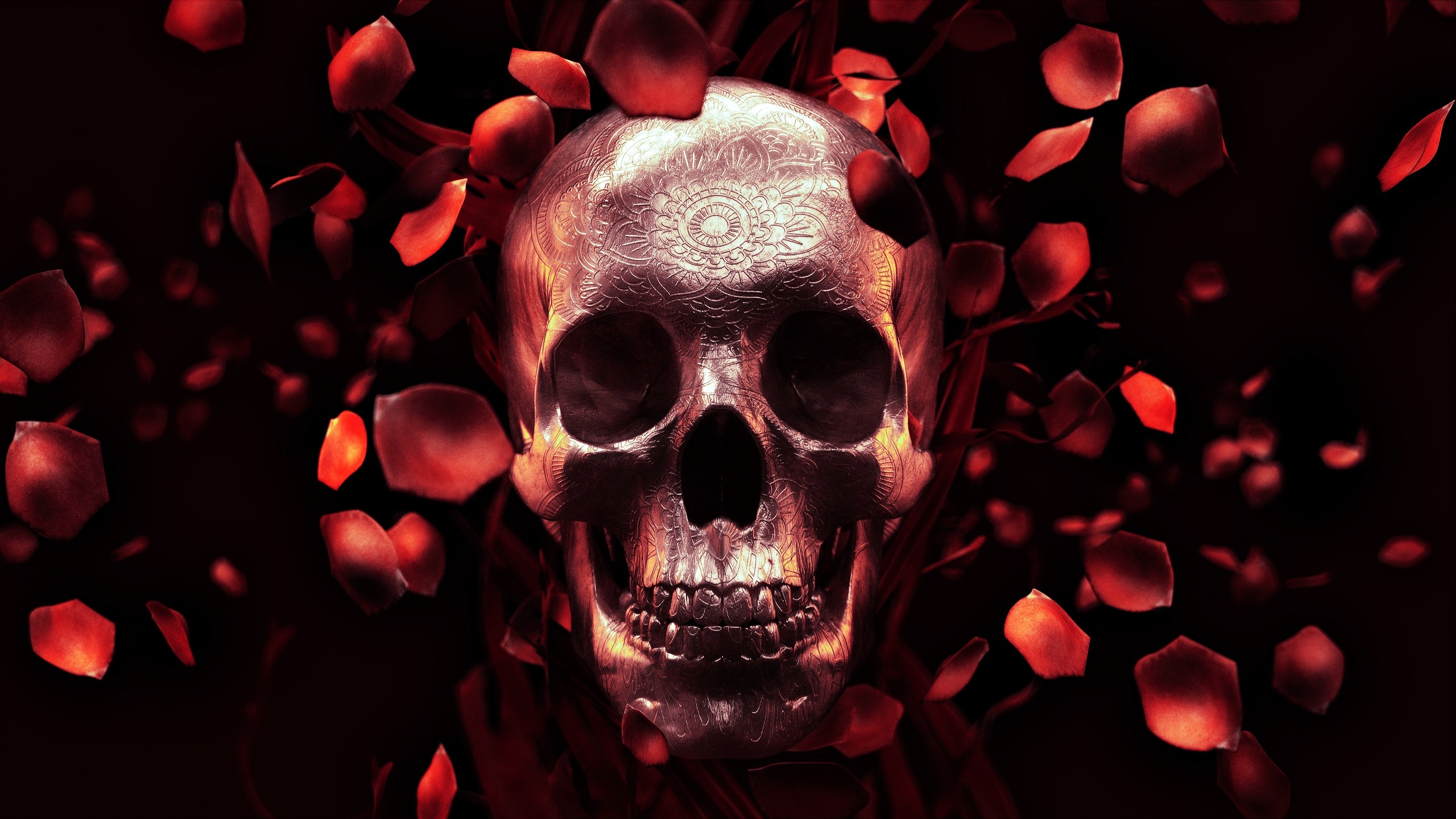 Skull, Rose Petals, Gothic - Rose Petal Skull , HD Wallpaper & Backgrounds