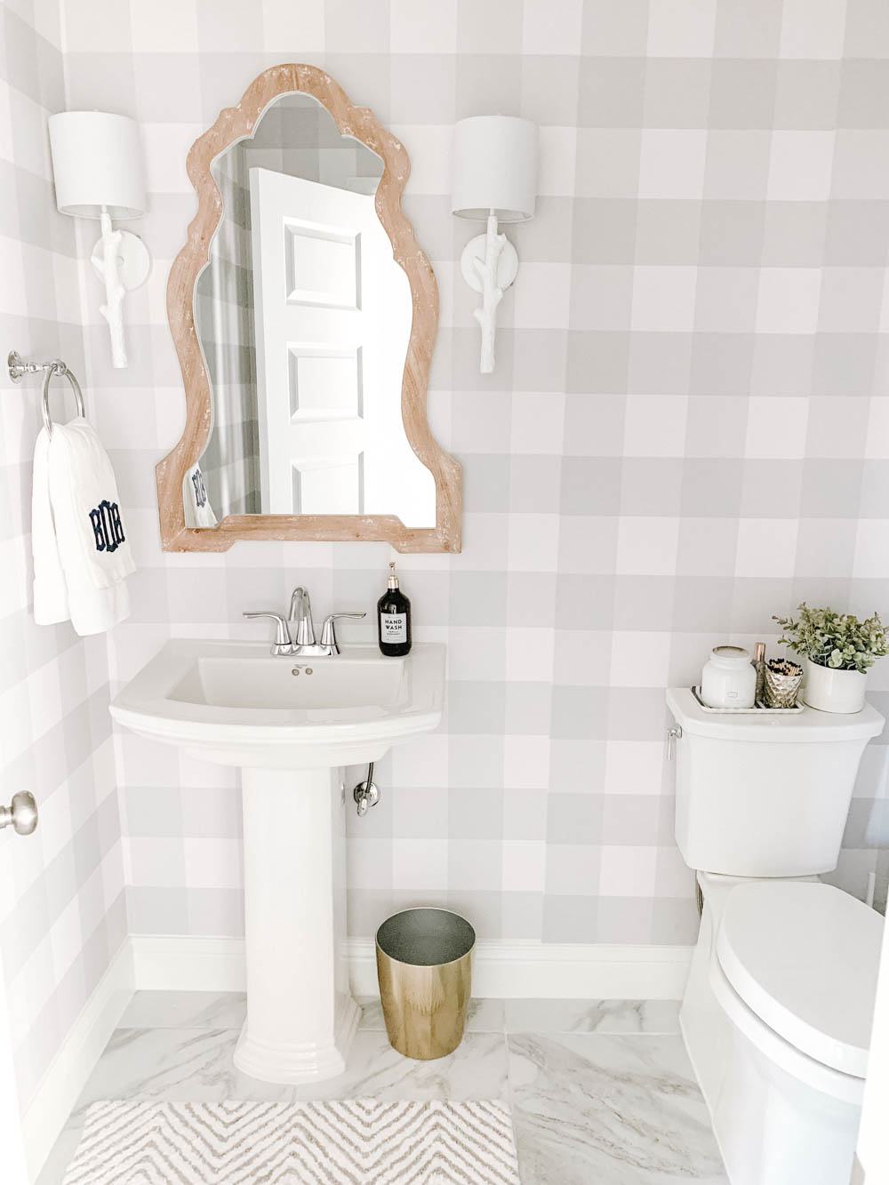 This Farmhouse Bathroom Features Grey And White Buffalo - Farmhouse Powder Room Design , HD Wallpaper & Backgrounds
