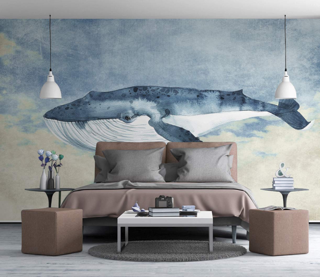Blue Background Big Whale Cartoon Nursery Wallpaper, - Wallpaper , HD Wallpaper & Backgrounds