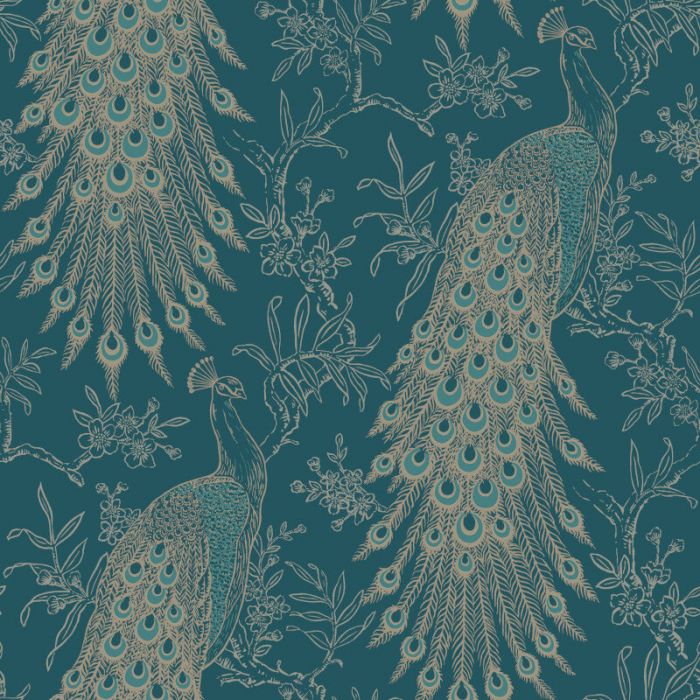 Metallic Peacock Wallpaper Teal & Gold - Navy Blue , HD Wallpaper & Backgrounds