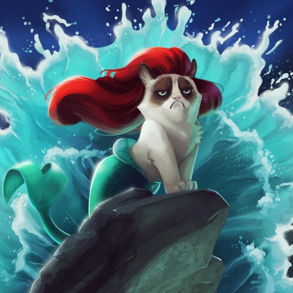 Grumpy Cat Little Mermaid Wallpaper For Ipad - Grumpy Cat Ariel , HD Wallpaper & Backgrounds