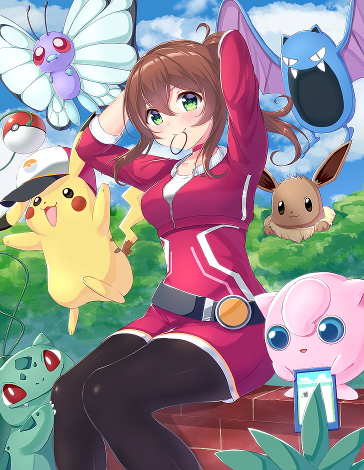 Green Eyes, Butter, Pikachu, Brunette, Eevee, Anime, - Female Protagonist Pokémon Go , HD Wallpaper & Backgrounds