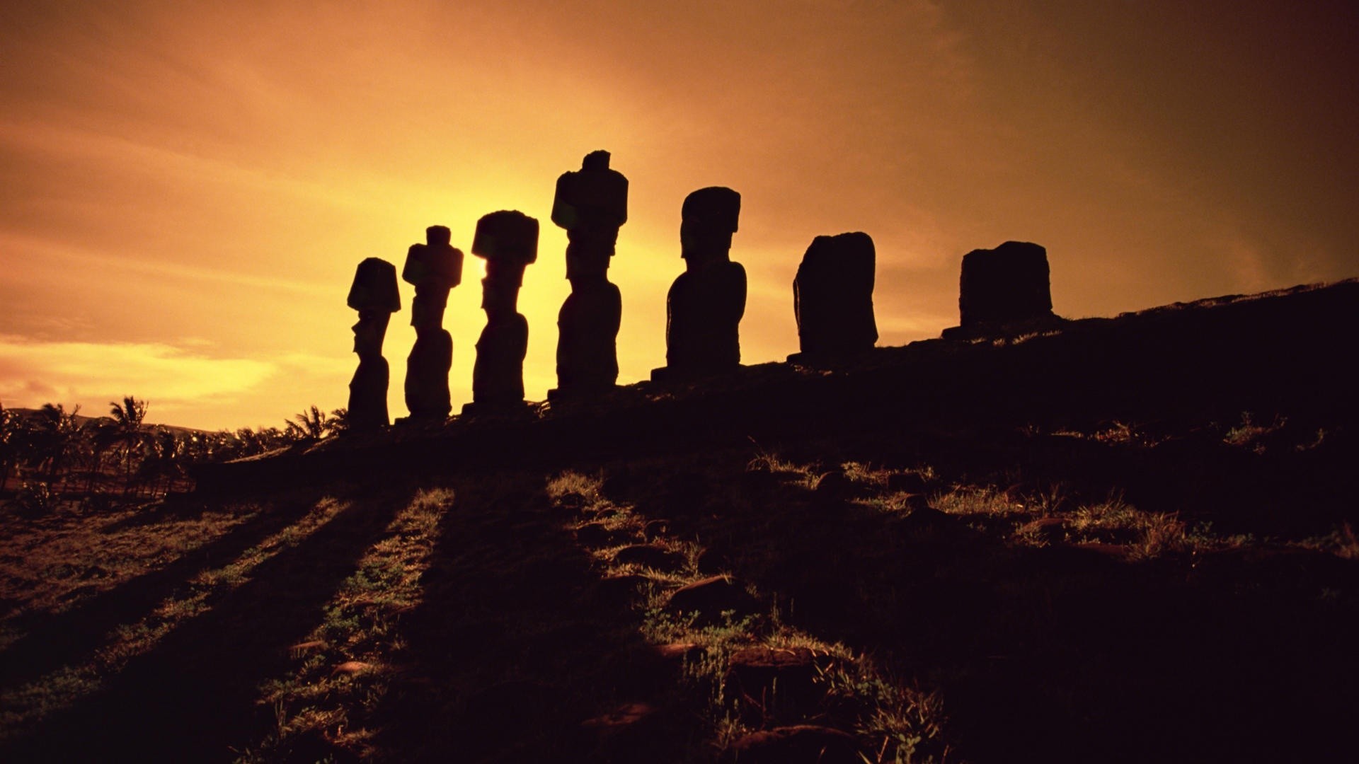 Moai Stone Statues At Sunset, Easter Island - Moai , HD Wallpaper & Backgrounds