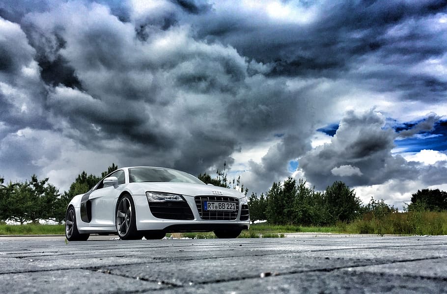 Silver Audi R8 Parked On Open Field Under Gray Clouds, , HD Wallpaper & Backgrounds
