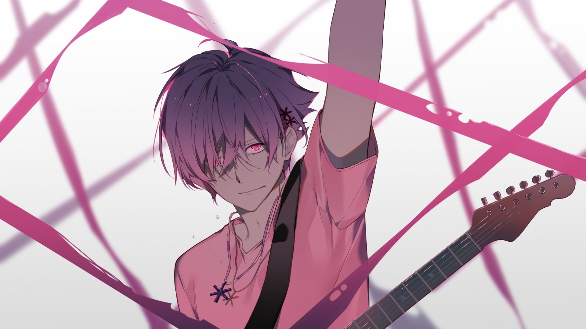 Anime Boy, Guitar, Instrument, Music, Pink Eyes, Shoujo - Anime Boy Playing Guitar , HD Wallpaper & Backgrounds