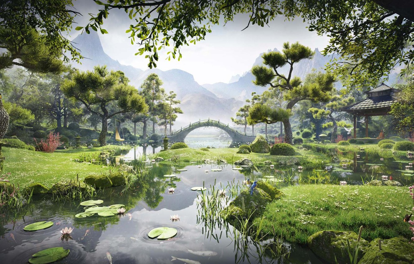 Photo Wallpaper Mountains, Bridge, River, Vegetation, - Meditation Garden , HD Wallpaper & Backgrounds