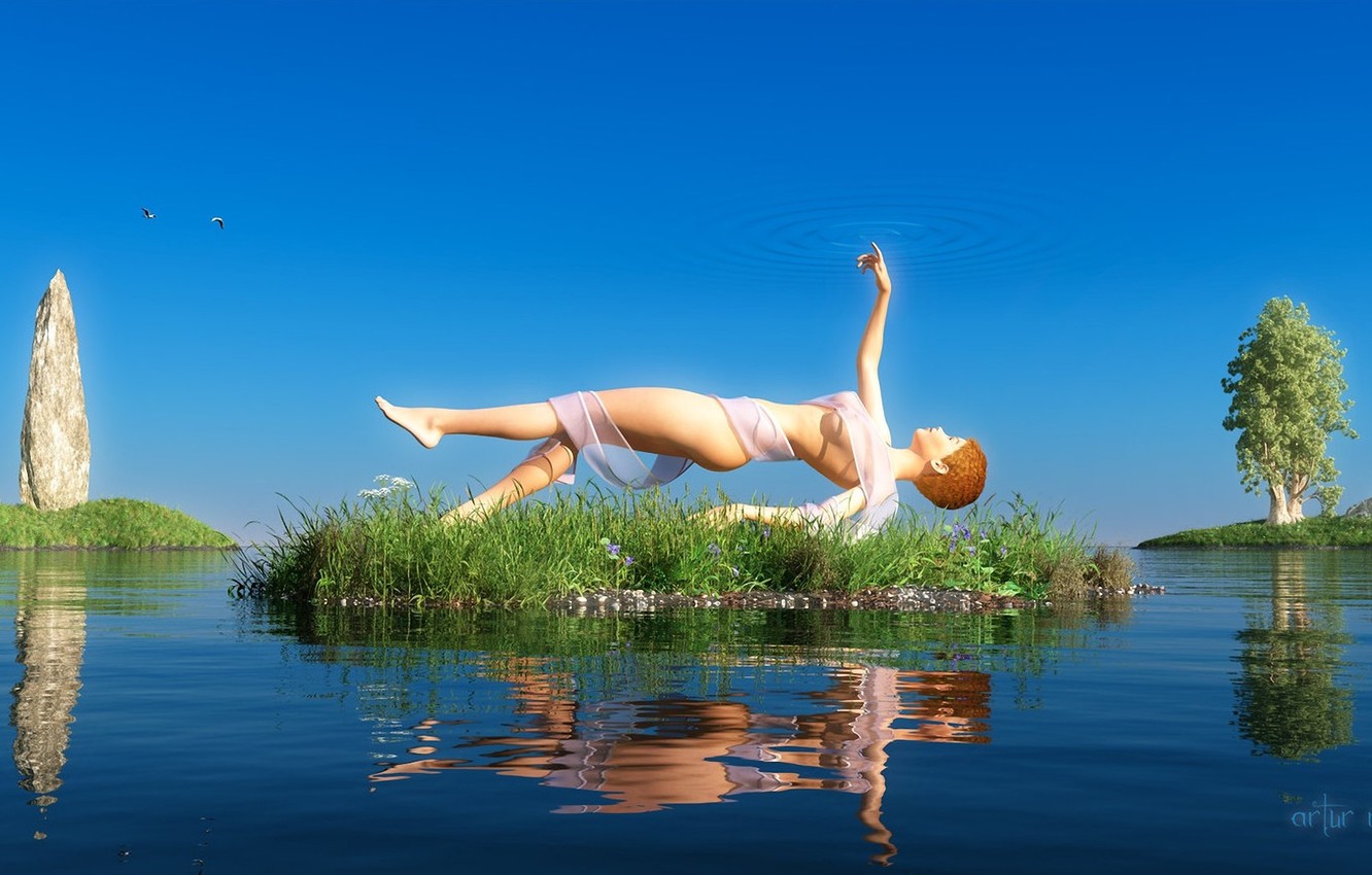 Photo Wallpaper The Sky, Grass, Water, Girl, Trees, - Lake , HD Wallpaper & Backgrounds