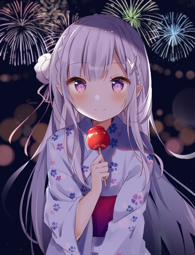 Zero, Emilia, Yukata, Fireworks, Festival - Emilia Re Zero Kimono , HD Wallpaper & Backgrounds