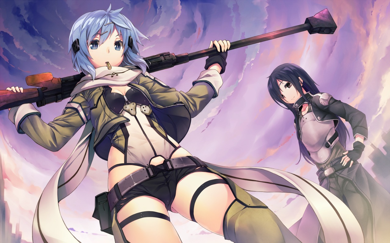 Gun Gun Gale Online Hinasaki Kirito Sinon Sword Art - Anime Girl Blue Hair And Gun , HD Wallpaper & Backgrounds