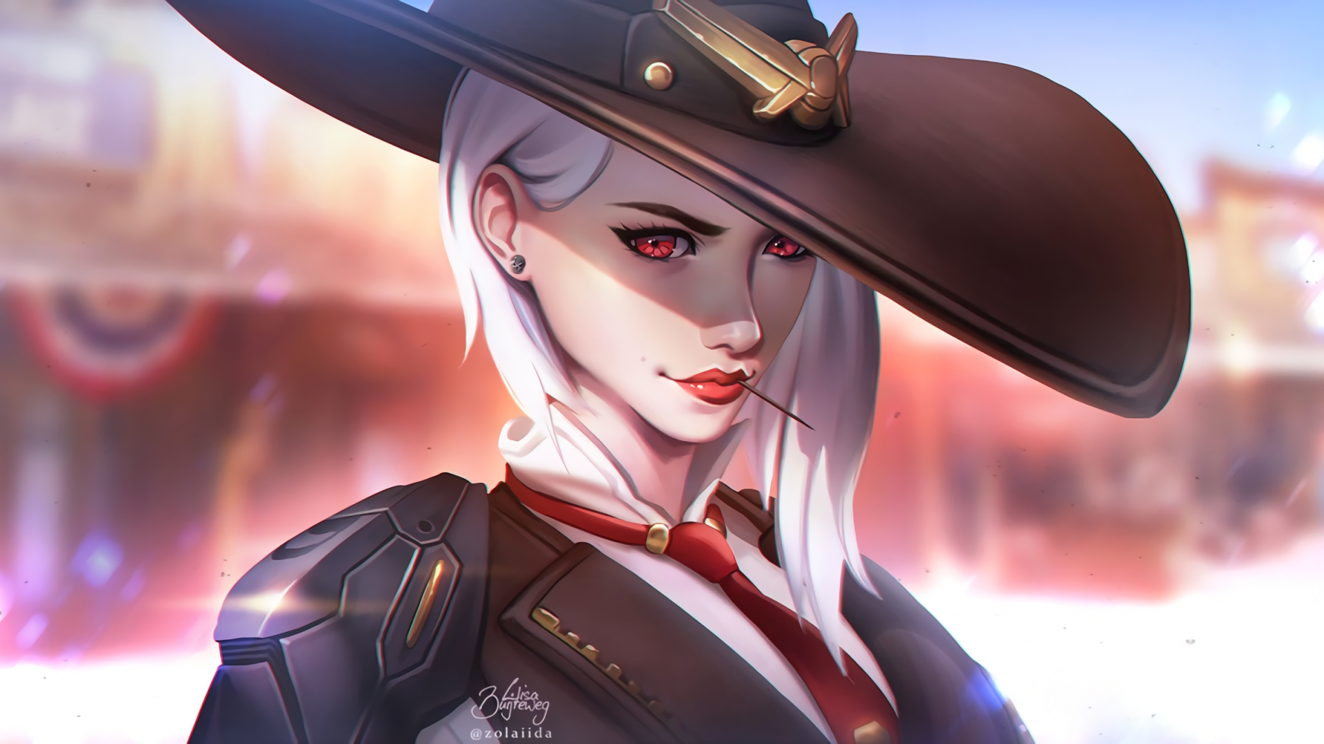 Fantasy Girl, White Hair, Hat, Red Eyes, Earring - Overwatch Ashe , HD Wallpaper & Backgrounds