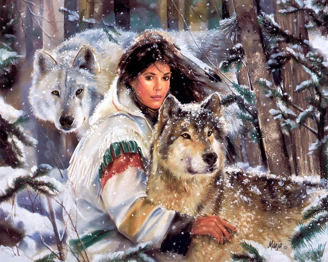 Native American Women And Wolves , HD Wallpaper & Backgrounds