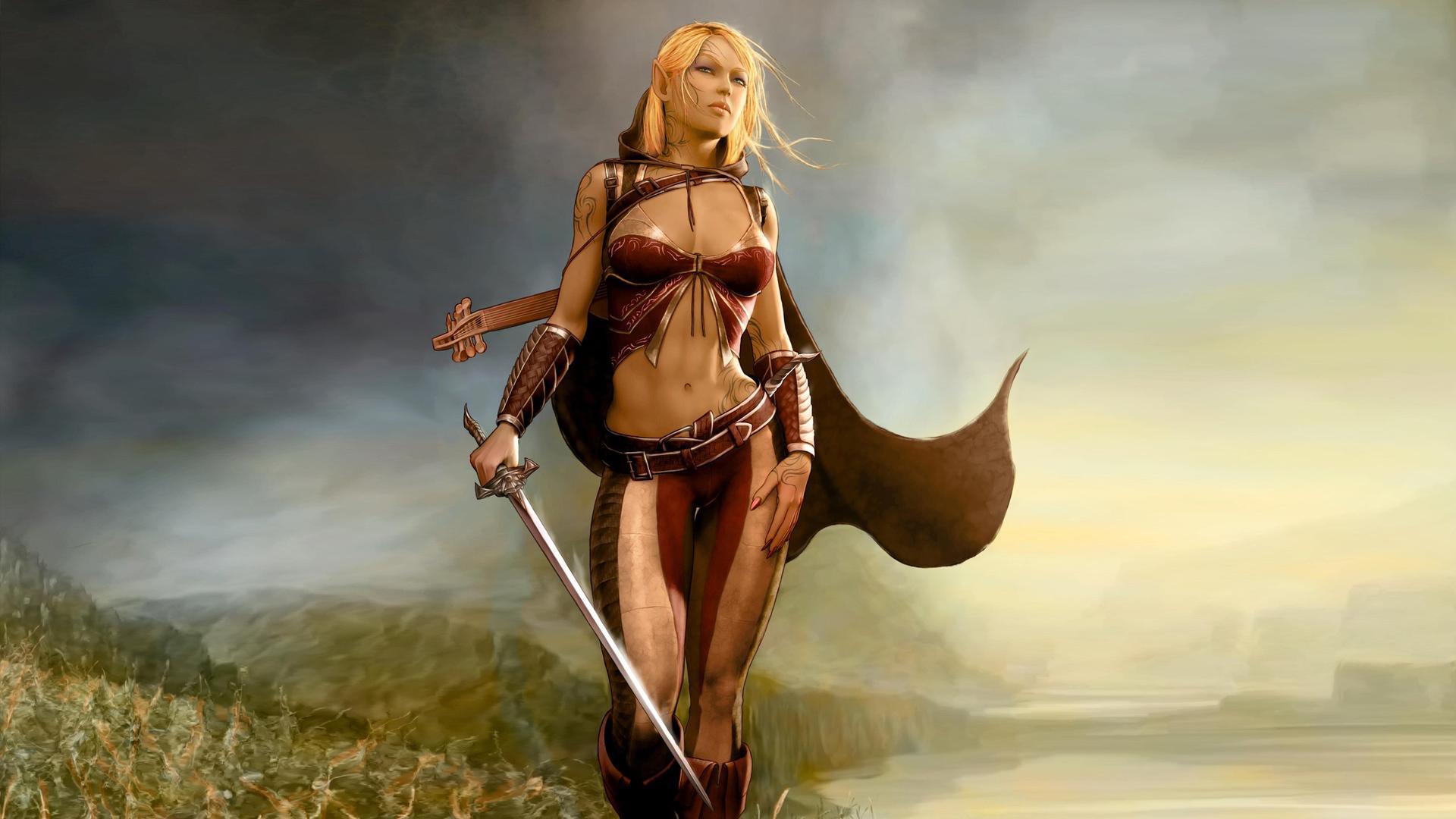 Wallpaper Elf Bard Lute Sword - Fantasy Female Bard Elf , HD Wallpaper & Backgrounds