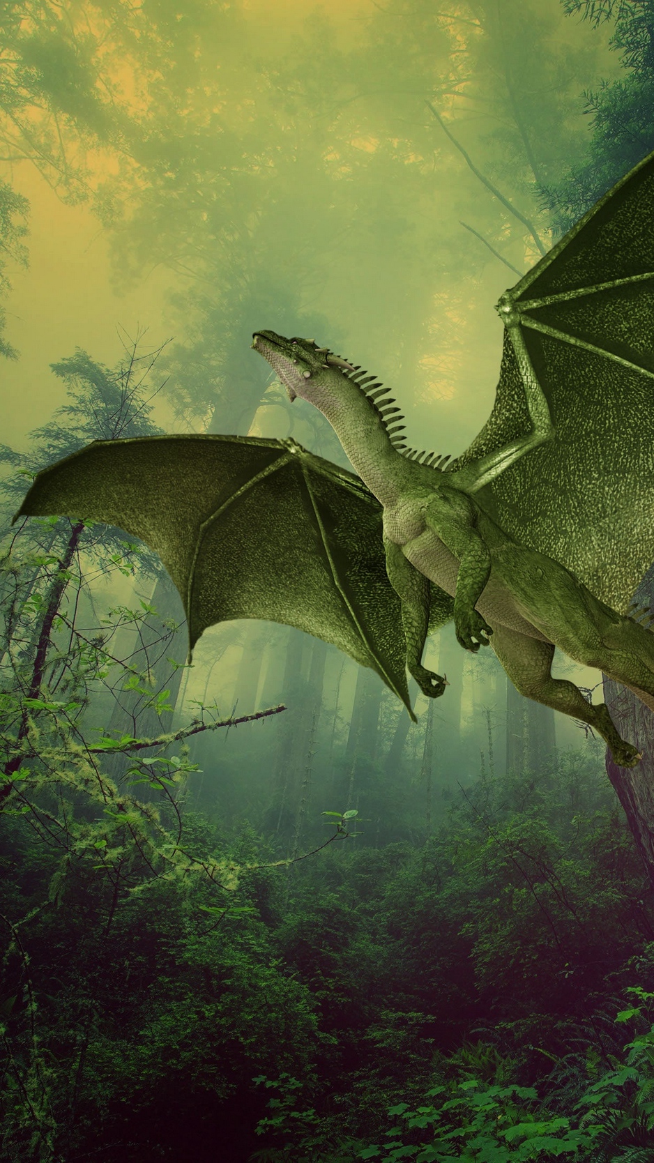 Wallpaper Dragon, Forest, Fog, Flight, Photoshop - Green Dragon Wallpaper For Iphone , HD Wallpaper & Backgrounds