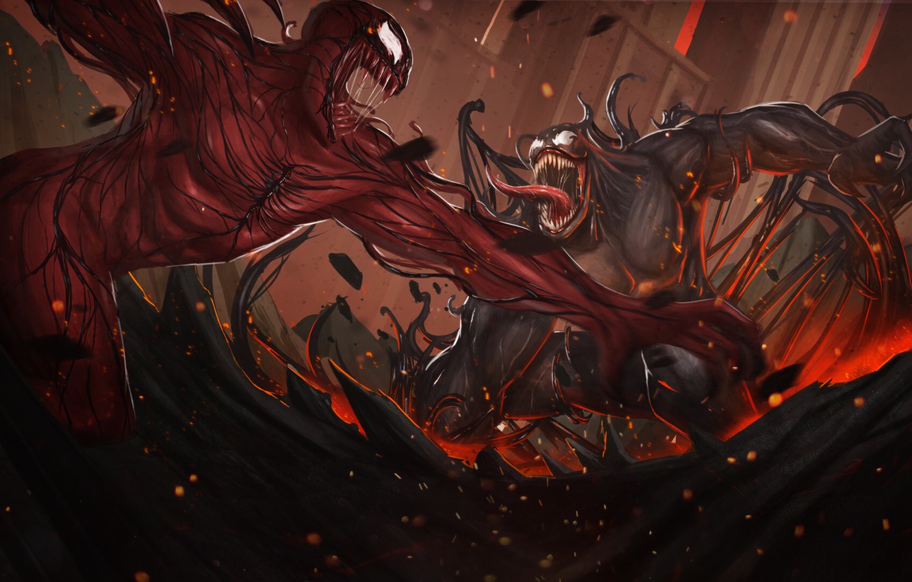 Photo Wallpaper Figure, Language, Battle, Teeth, Fight, - Carnage Vs Venom Art , HD Wallpaper & Backgrounds