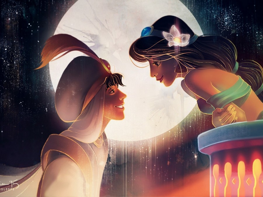 Wallpaper Jasmine, Aladdin, Moon, Sky, Smile, Flower, - Cute Aladdin And Jasmine , HD Wallpaper & Backgrounds