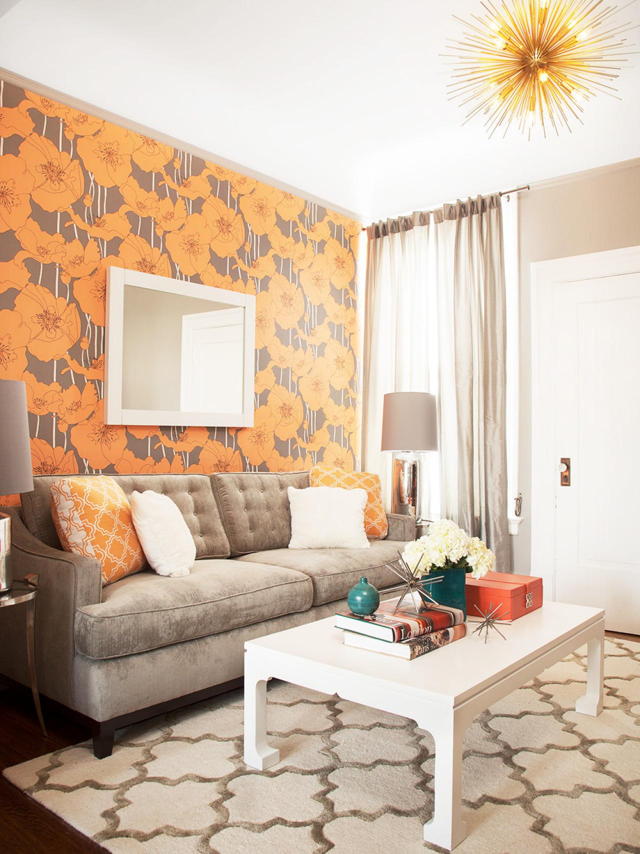 Eclectic Living Room With Neutral Sofa And Orange Floral - Orange Wall Paper Design For Living Room , HD Wallpaper & Backgrounds