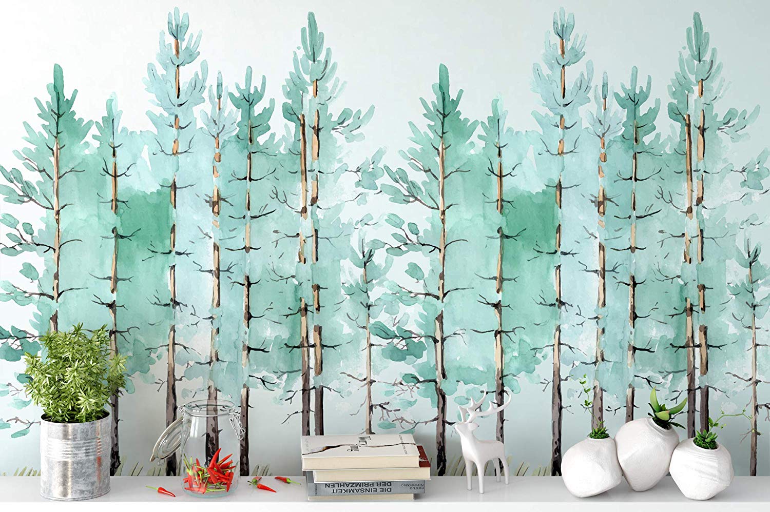 Murwall Modern Mint Green Tree Painting Forest Wallpaper - Mint Green , HD Wallpaper & Backgrounds