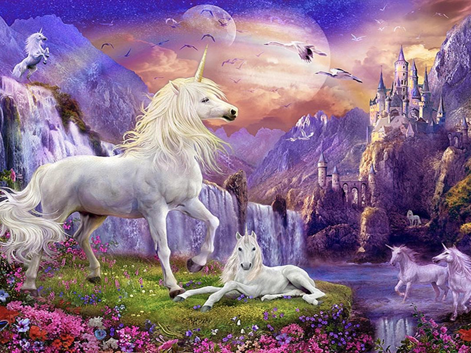 Fantasy Wallpaper Hd Unicorns Horse Castles Waterfalls - Waterfalls And Flowers , HD Wallpaper & Backgrounds