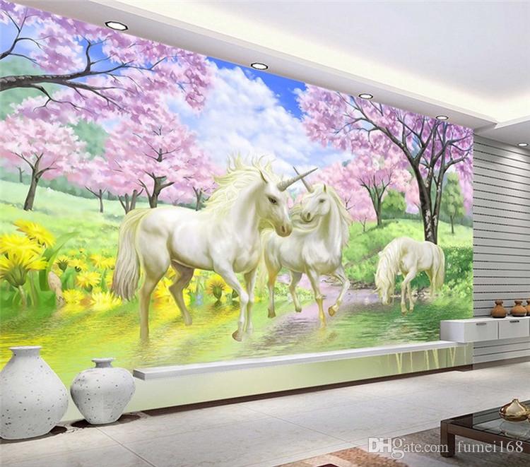 Custom 3d Mural Wallpaper Unicorn Dream Cherry Blossom - Unicorn Wallpaper For Walls , HD Wallpaper & Backgrounds