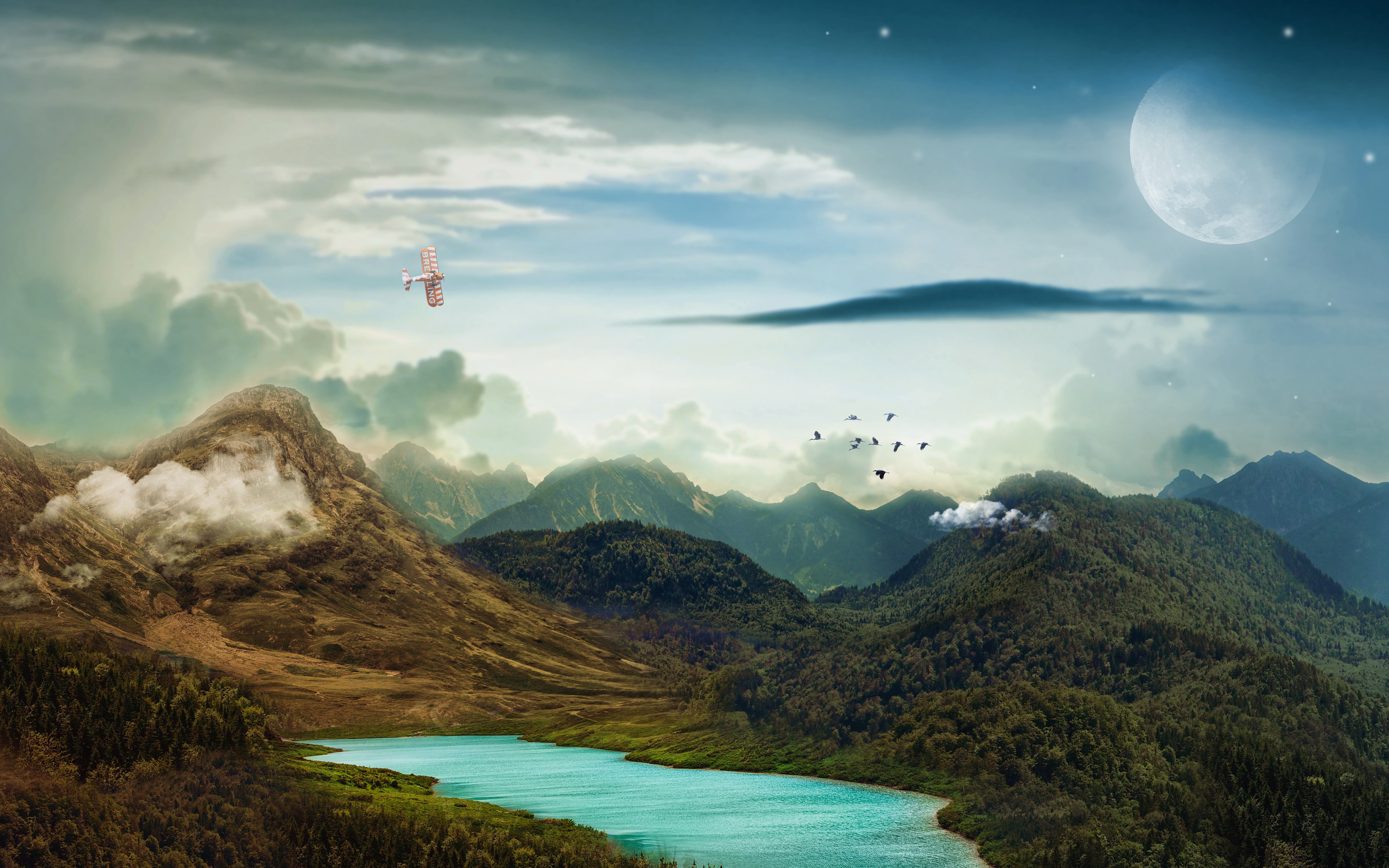Landscape, Mountains, Moon, Lake, Fantasy, Wallpaper - Noche Y Dia Paisaje , HD Wallpaper & Backgrounds