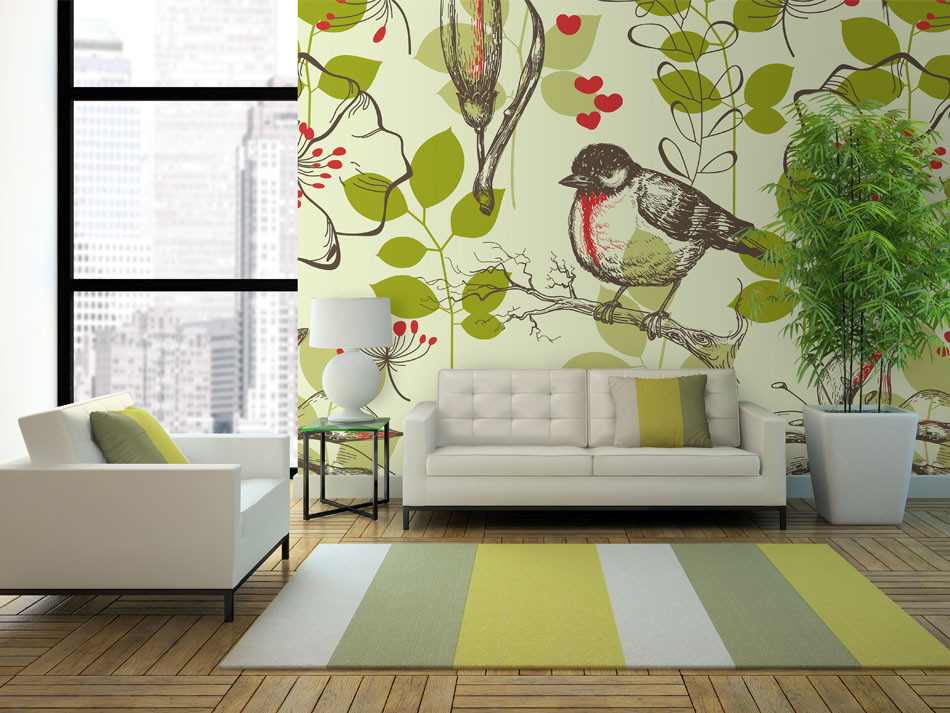 Photo Wallpaper Bird And Lilies Vintage Pattern - Papiers Peints Vintage Oiseaux , HD Wallpaper & Backgrounds