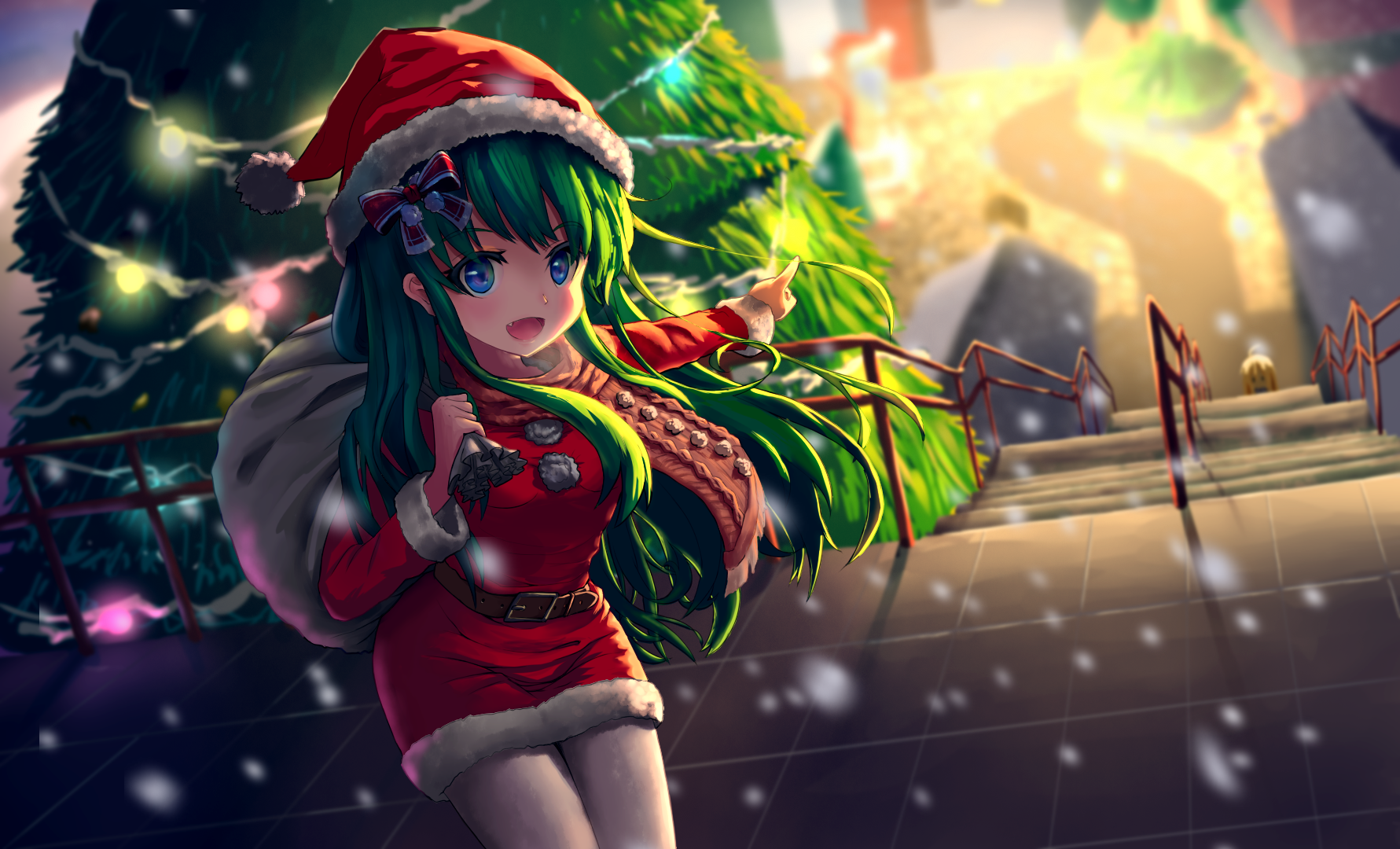 #santa Hats, #panty Hose, #green Hair, #santa Costume, - Anime Girl Christmas Wallpaper Hd , HD Wallpaper & Backgrounds