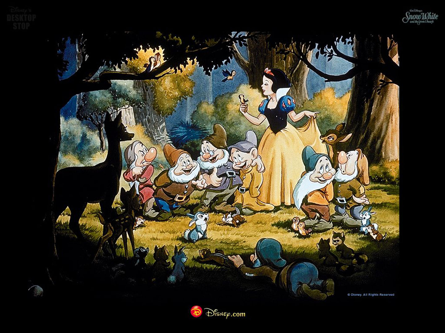 Snow White And The Seven Dwarves In A Woodland Clearing - Disney Snow White And Seven Dwarfs Background , HD Wallpaper & Backgrounds