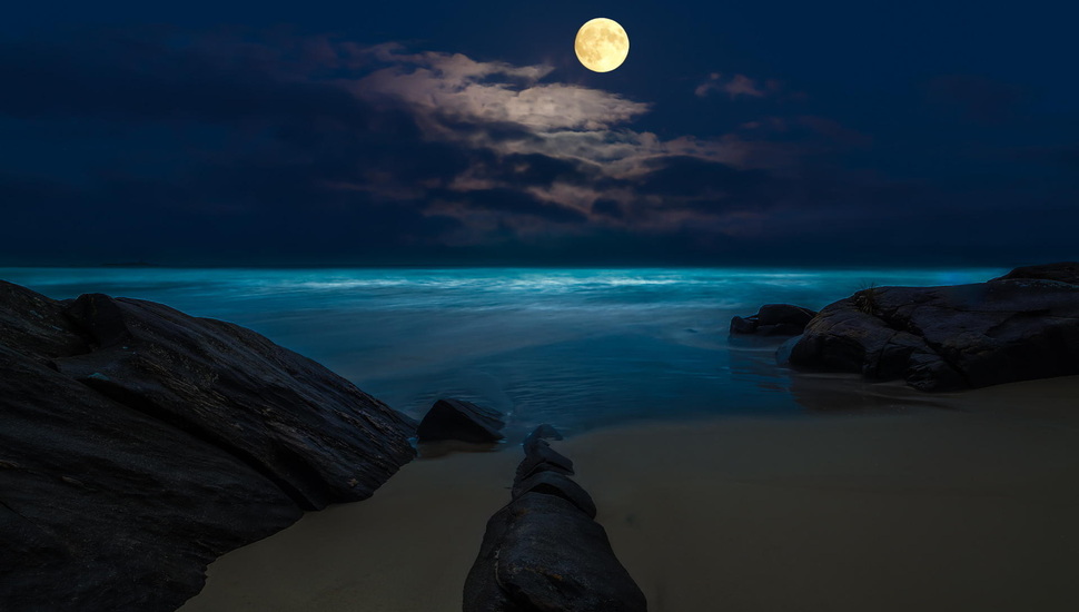 Sea, The Beach, The Moon, Rock, The Night, The Full - Beach Scenes At Night , HD Wallpaper & Backgrounds