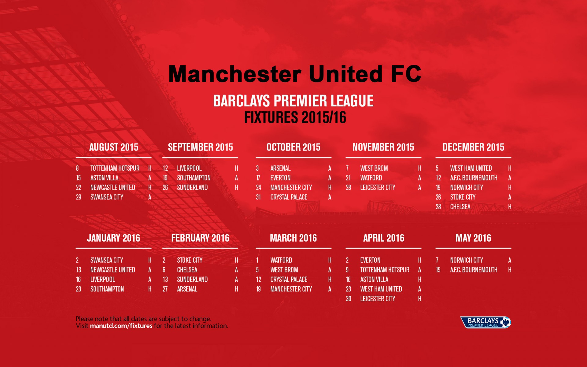 Manchester United Barclays Premier League 2015-2016 - Man Utd Fixtures 18 19 , HD Wallpaper & Backgrounds