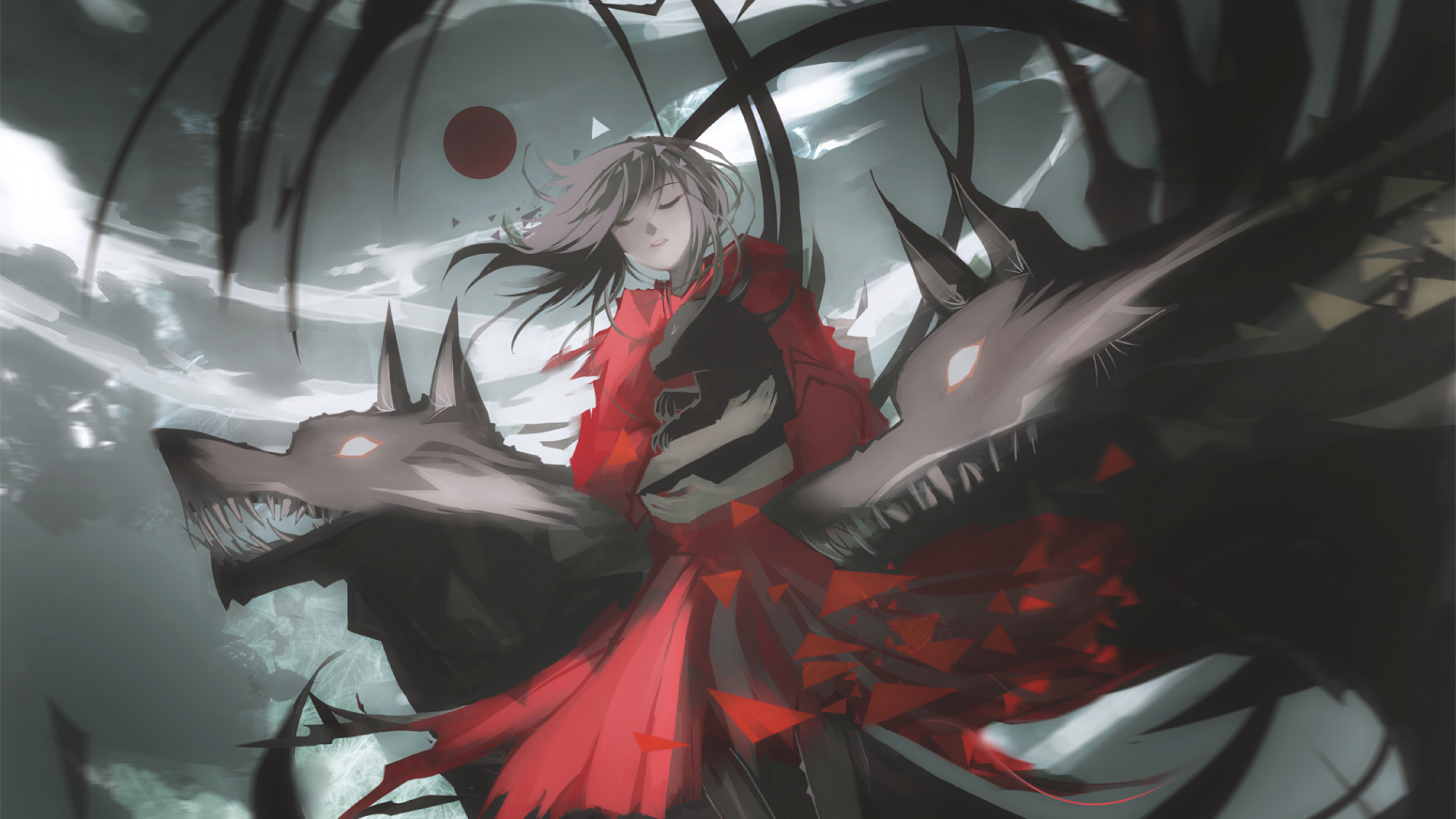 Anime Girl, Red Dress, Clouds, Night, Wolf, Red Moon , HD Wallpaper & Backgrounds