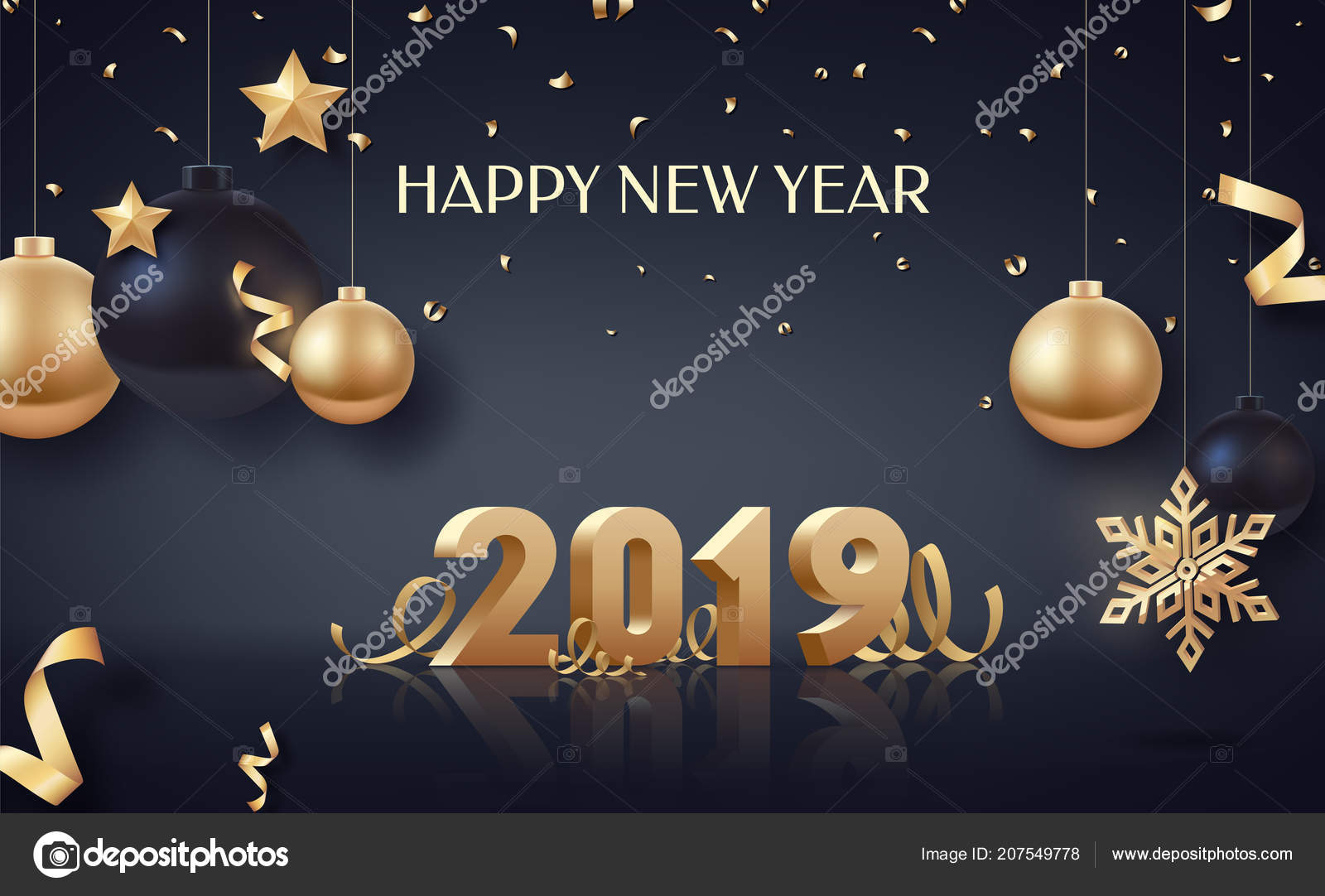 Happy New Year 2019 Gold Numbers Ribbons Confetti White - Masquerade Ball , HD Wallpaper & Backgrounds