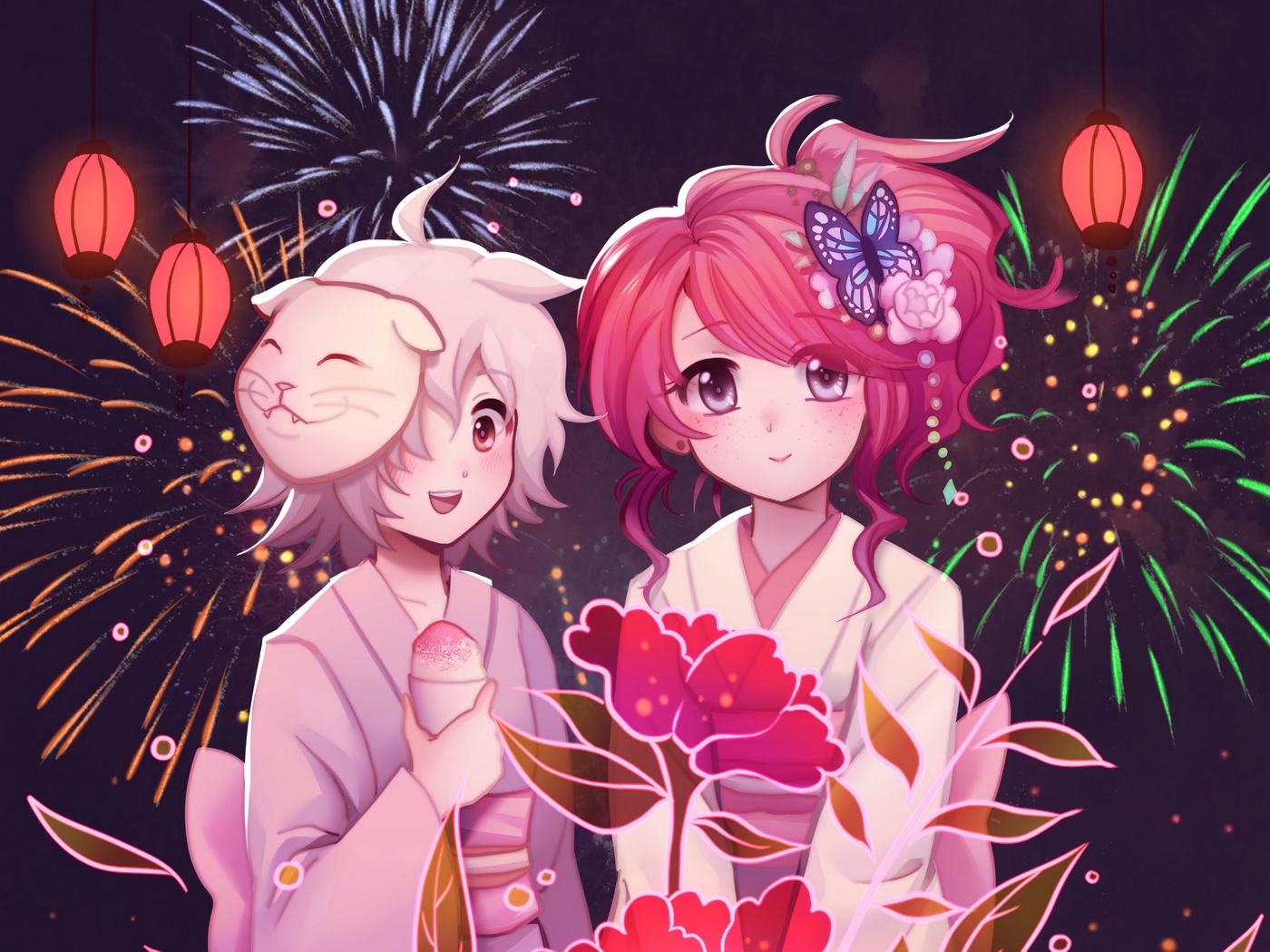 Wallpaper Girls, Flowers, Fireworks, Anime, Art - Anime Wallpaper Couple Fireworks , HD Wallpaper & Backgrounds