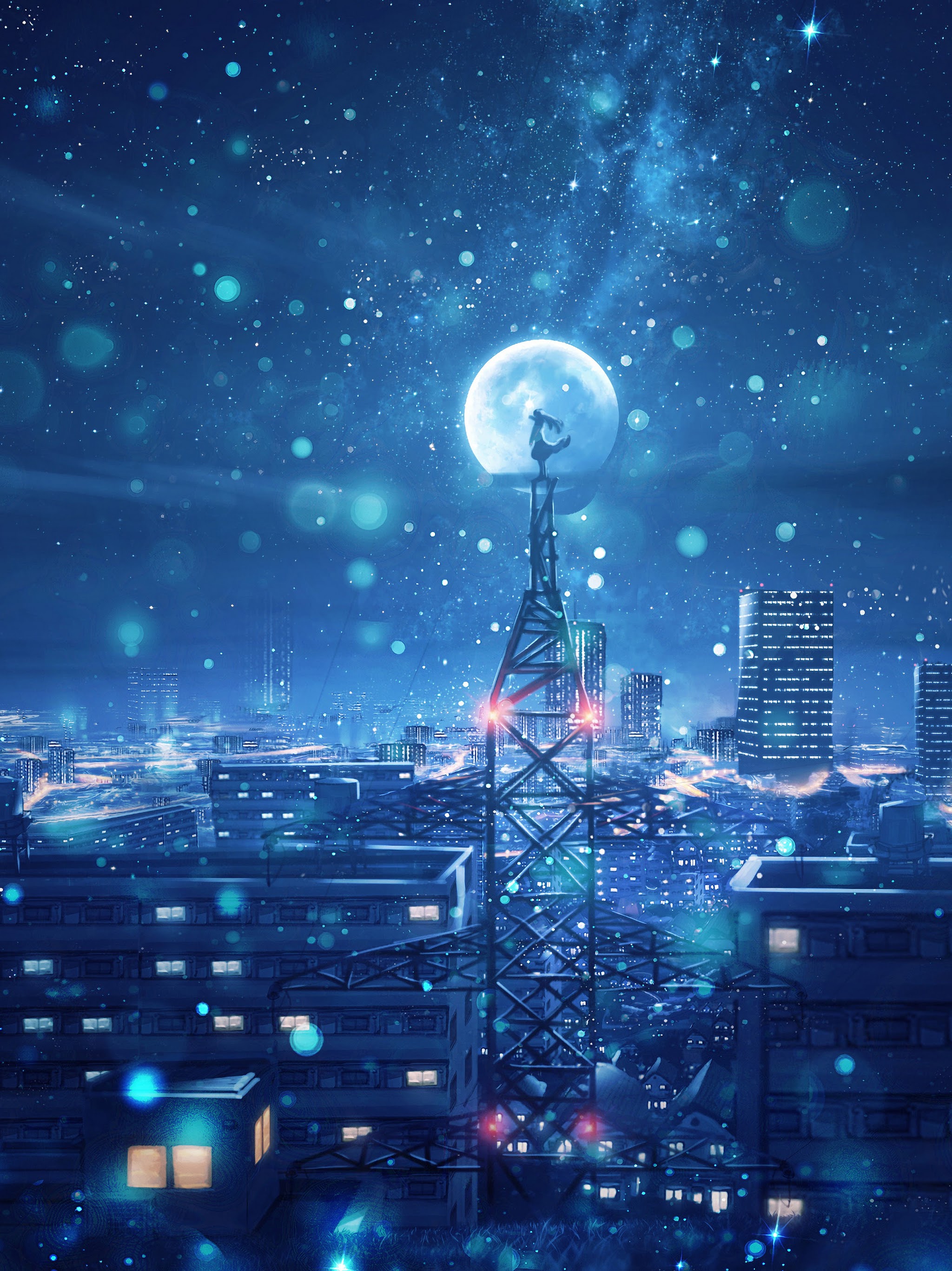 Night, Sky, City, Stars, Anime, Scenery, 4k, - Night Anime Scenery Background , HD Wallpaper & Backgrounds