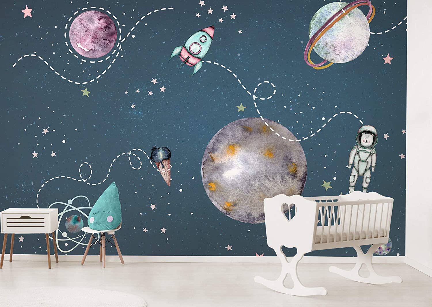 Murwall Kids Wallpaper For Boys Space Wall Mural Watercolor - Space Watercolor For Kids , HD Wallpaper & Backgrounds