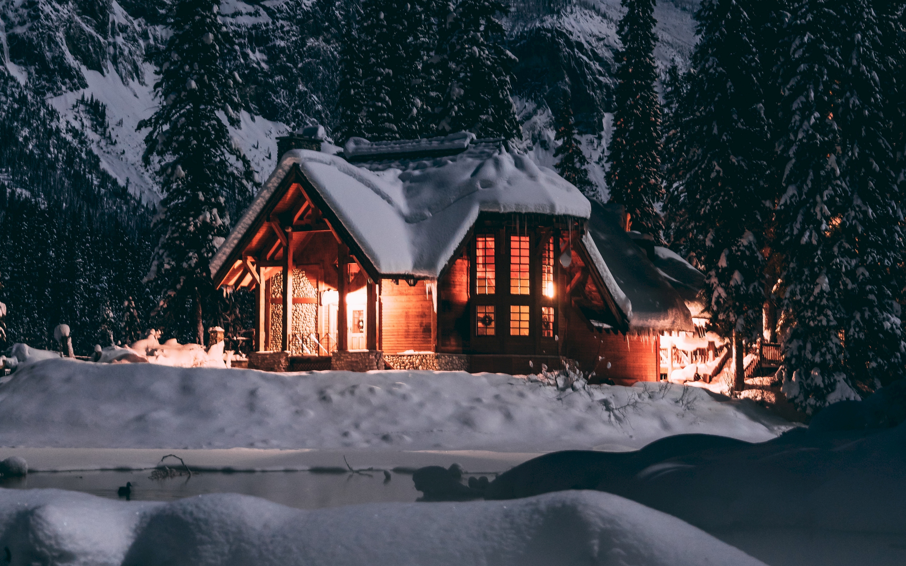 Wallpaper House, Winter, Snow, Night, Trees - Winter Snow House Background , HD Wallpaper & Backgrounds