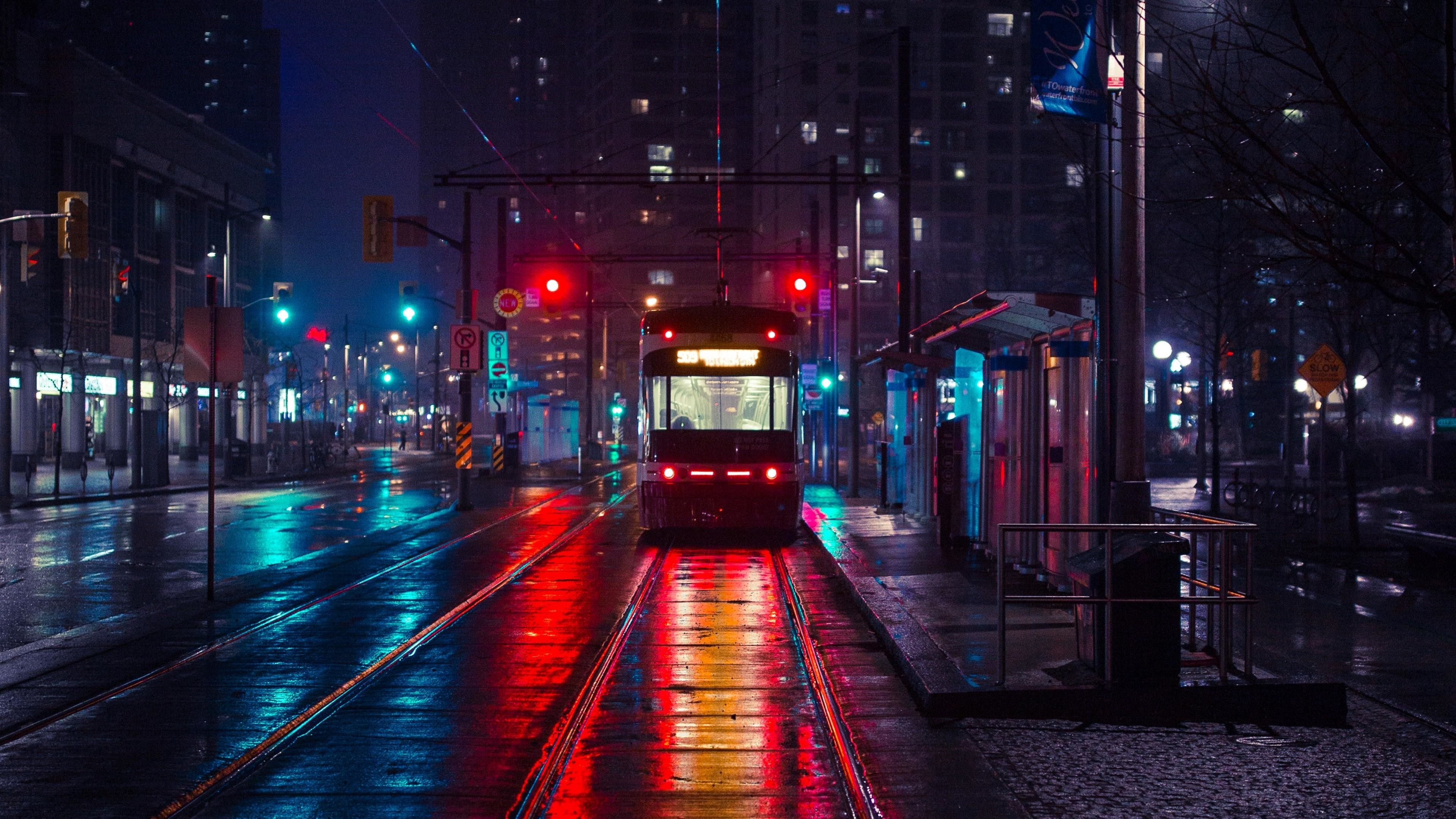 3840x2160, Tram In The Night City Wallpaper - Night City , HD Wallpaper & Backgrounds