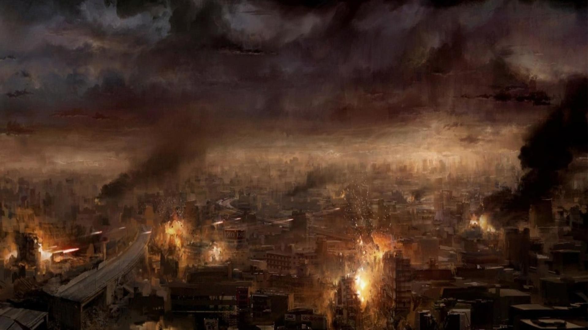 Ruins Burning City Apocalypse Artwork Hd Wallpaper - Burning City Sci Fi , HD Wallpaper & Backgrounds